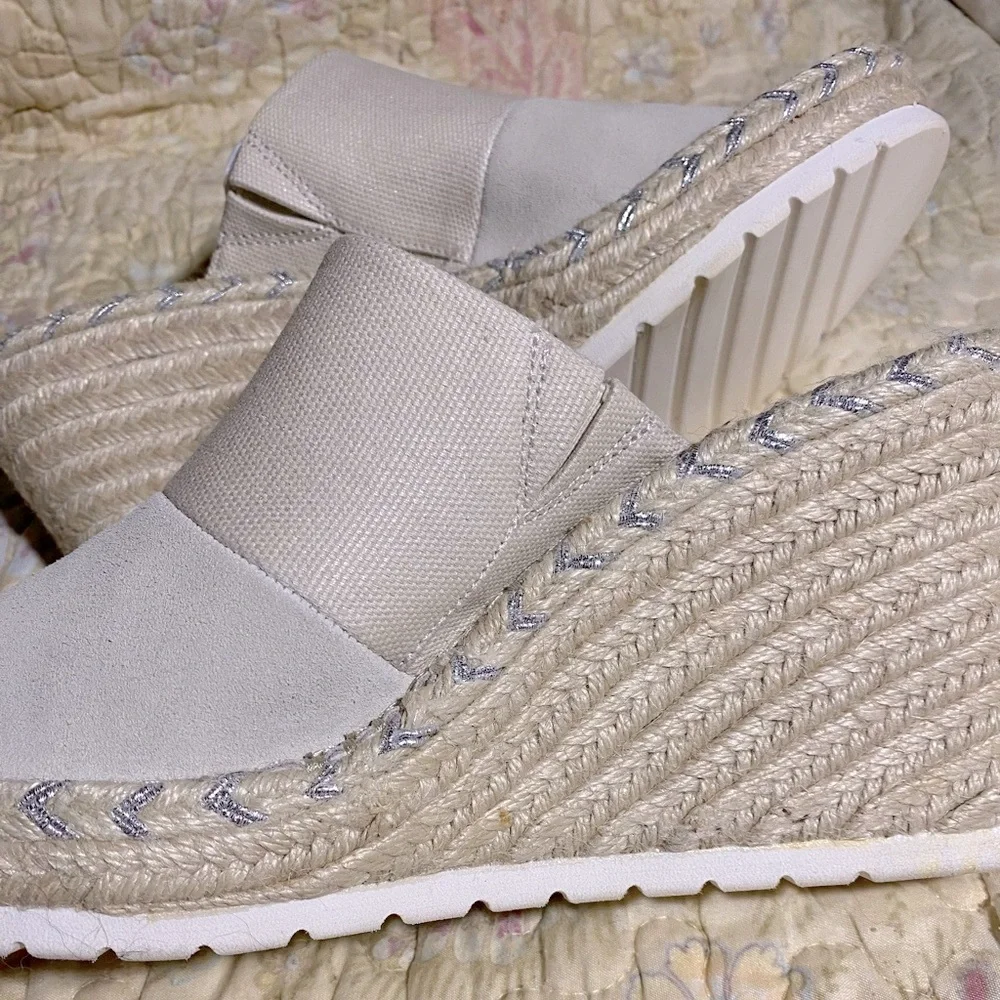 Toms White Canvas Espadrille Wedge Mules